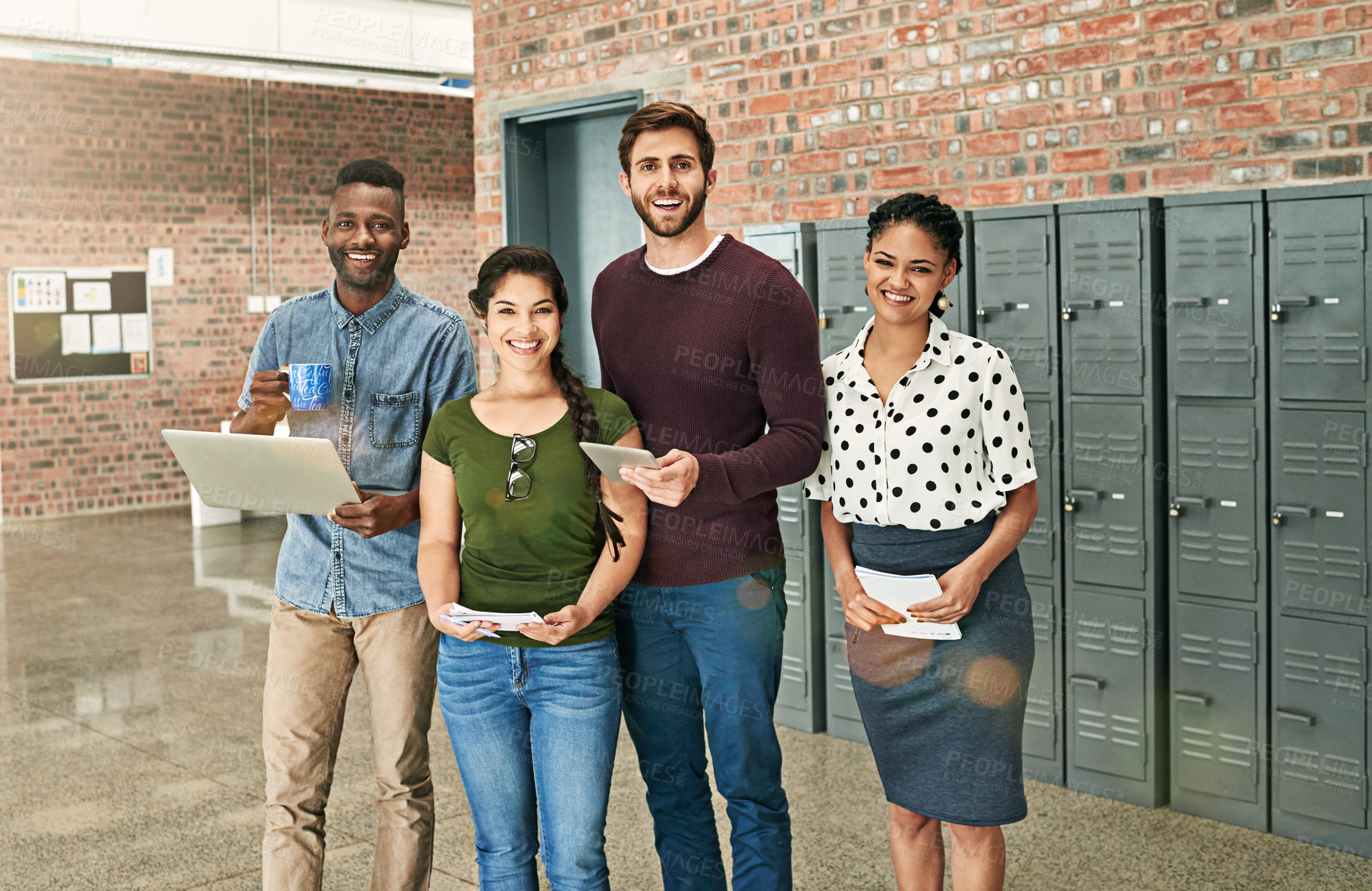 Buy stock photo Portrait of a team of colleagues working together in a modern office