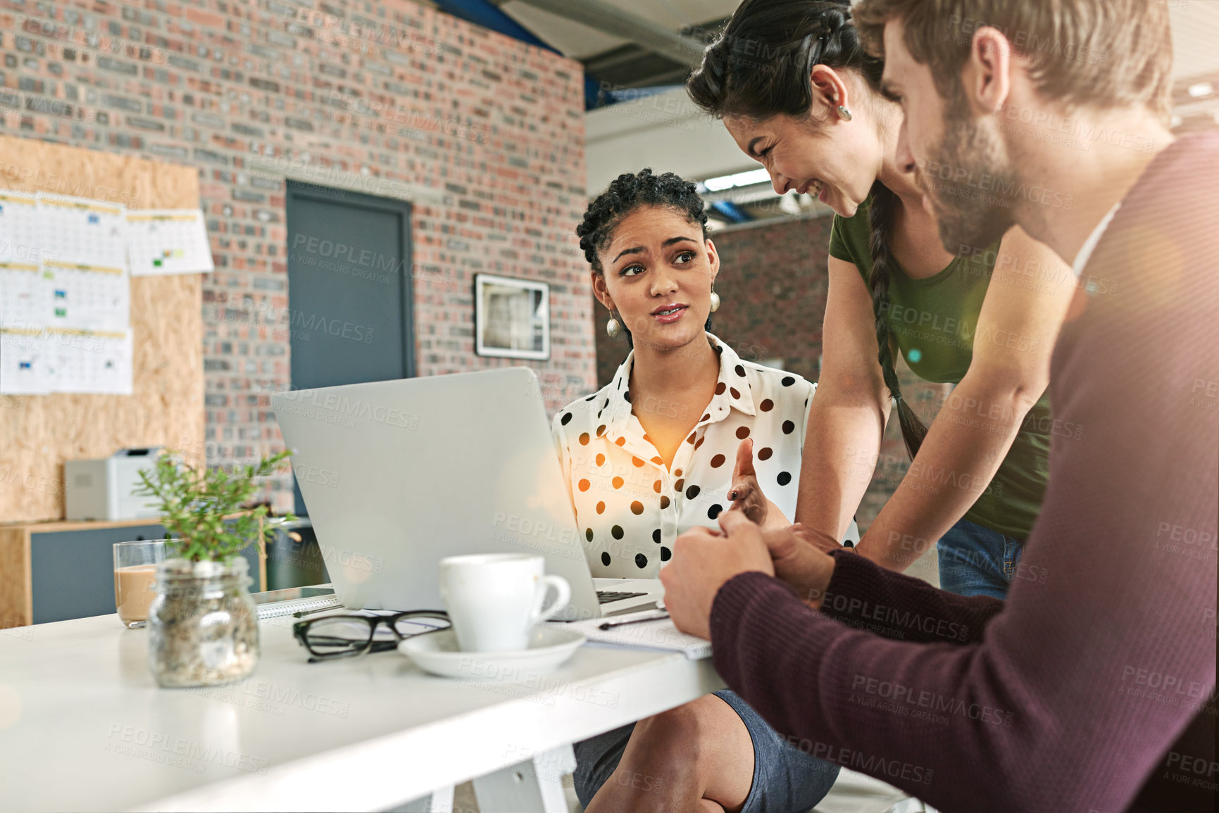 Buy stock photo Startup, laptop and business people in meeting in office for seo research, marketing and creative strategy. Computer, company and men and women talk for teamwork, collaboration and project feedback