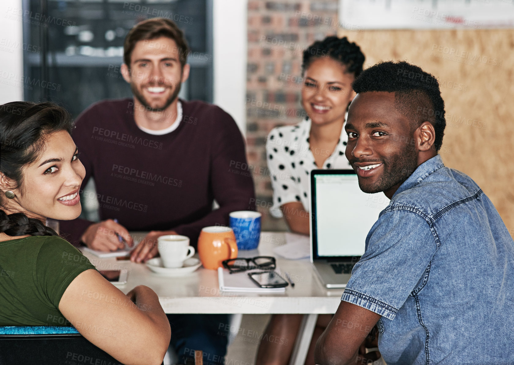 Buy stock photo Meeting, creative and portrait of people in office planning editorial publication for magazine. Discussion, diversity and team of copywriters with journalism career at startup for media research.