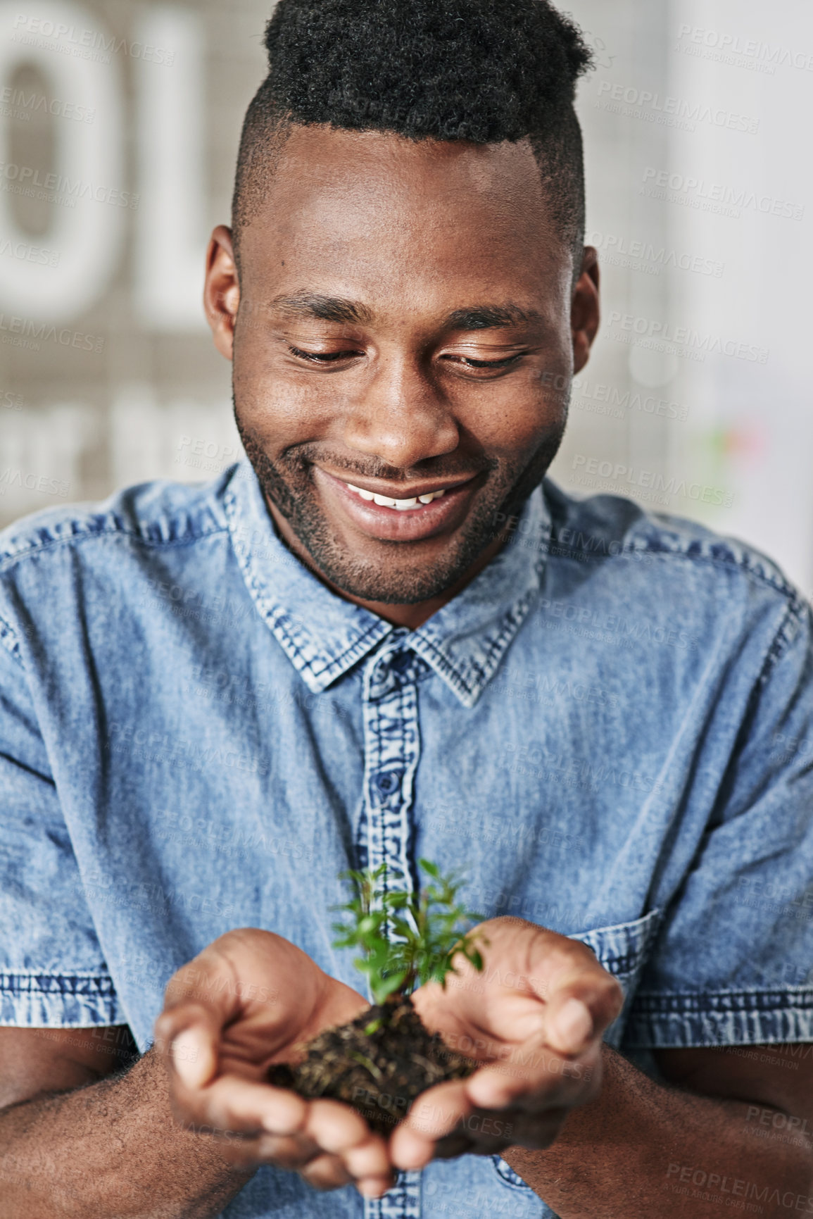 Buy stock photo Shot of a young man holding a plant growing out of soil in a modern office