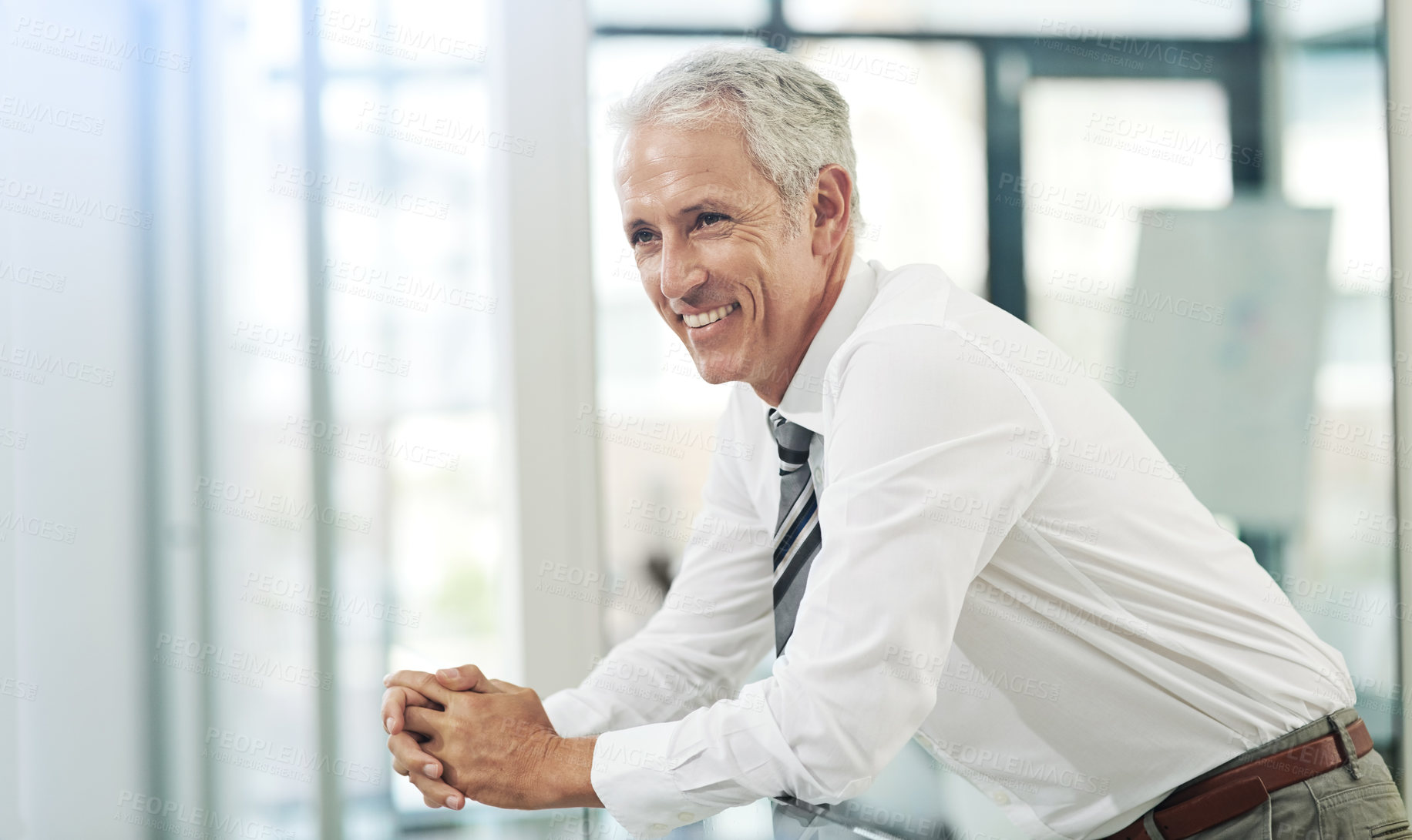 Buy stock photo CEO, smile and mature businessman thinking of idea for sales growth, inspiration or mindset. Planning, happy manager and reflection for vision, dream or corporate insight for future by office balcony