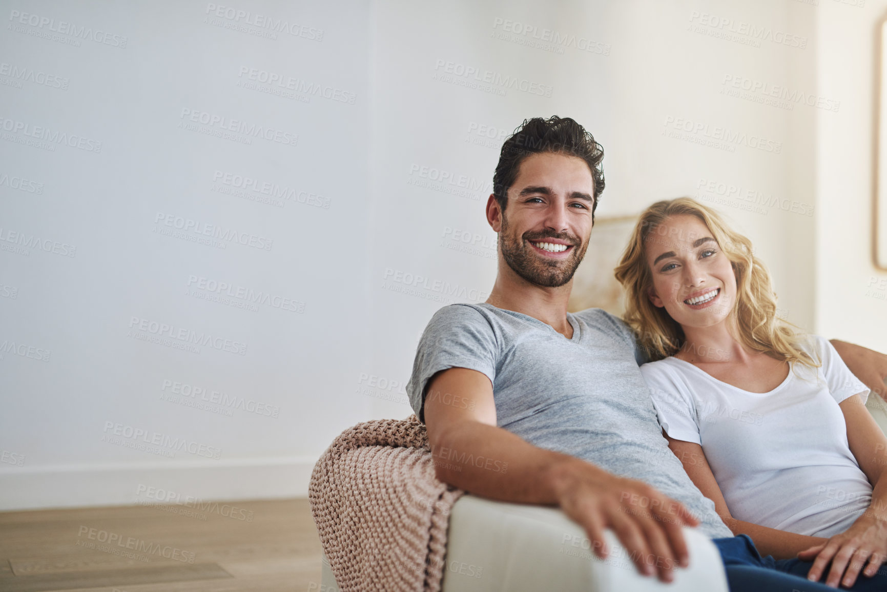 Buy stock photo Smile, portrait or happy couple in home with trust, commitment or loyalty together bonding or smiling. Wellness, lovers or woman enjoys quality time with a romantic man on holiday weekend break  