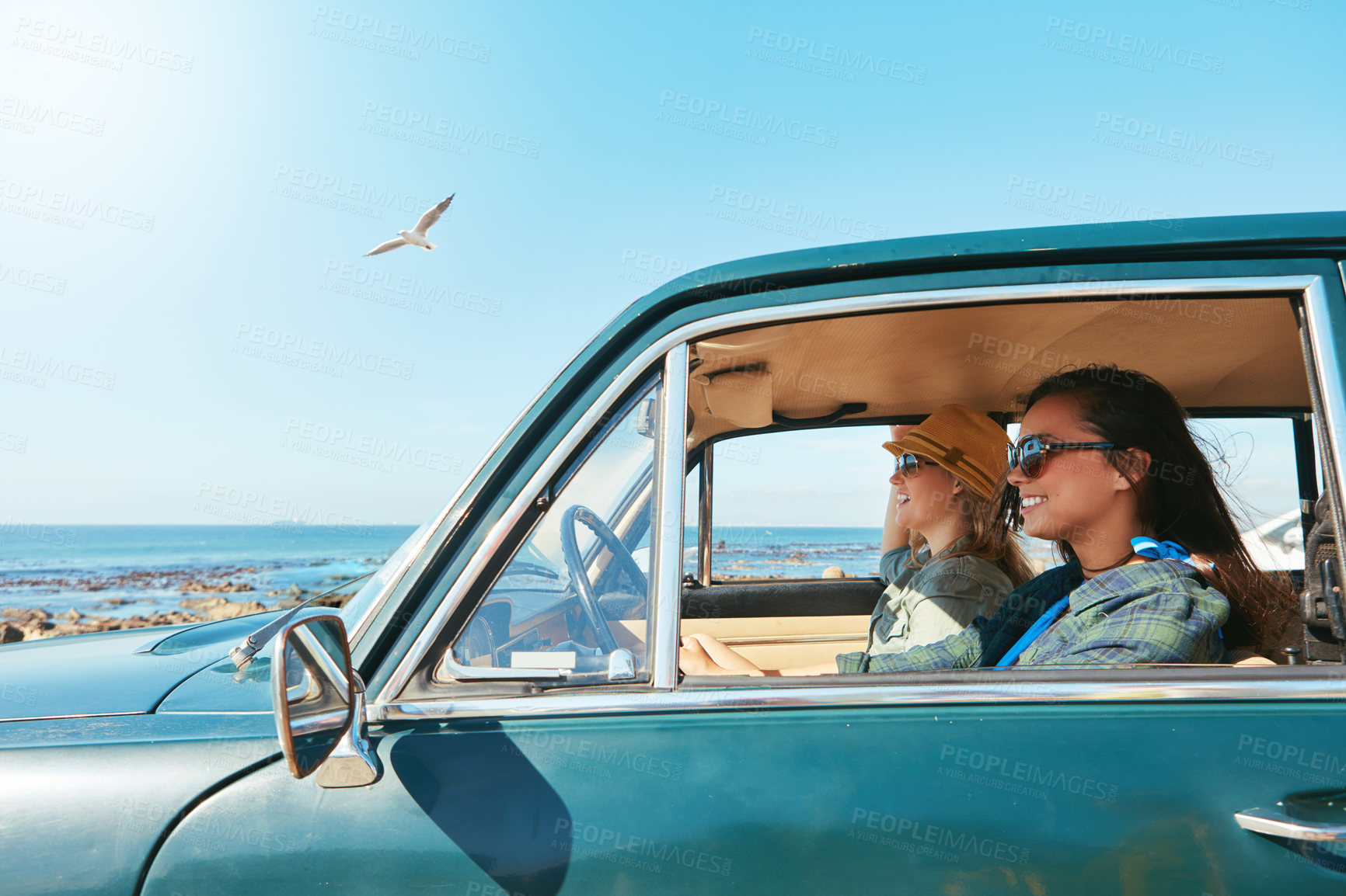 Buy stock photo Shot of two friends on a road trip near the ocean