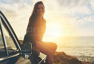 Buy stock photo Road trip, vintage sunset and woman in portrait by sea for travel, journey and happy summer vacation. Youth, gen z driver and girl by lake, ocean or river for outdoor adventure on a black retro car
