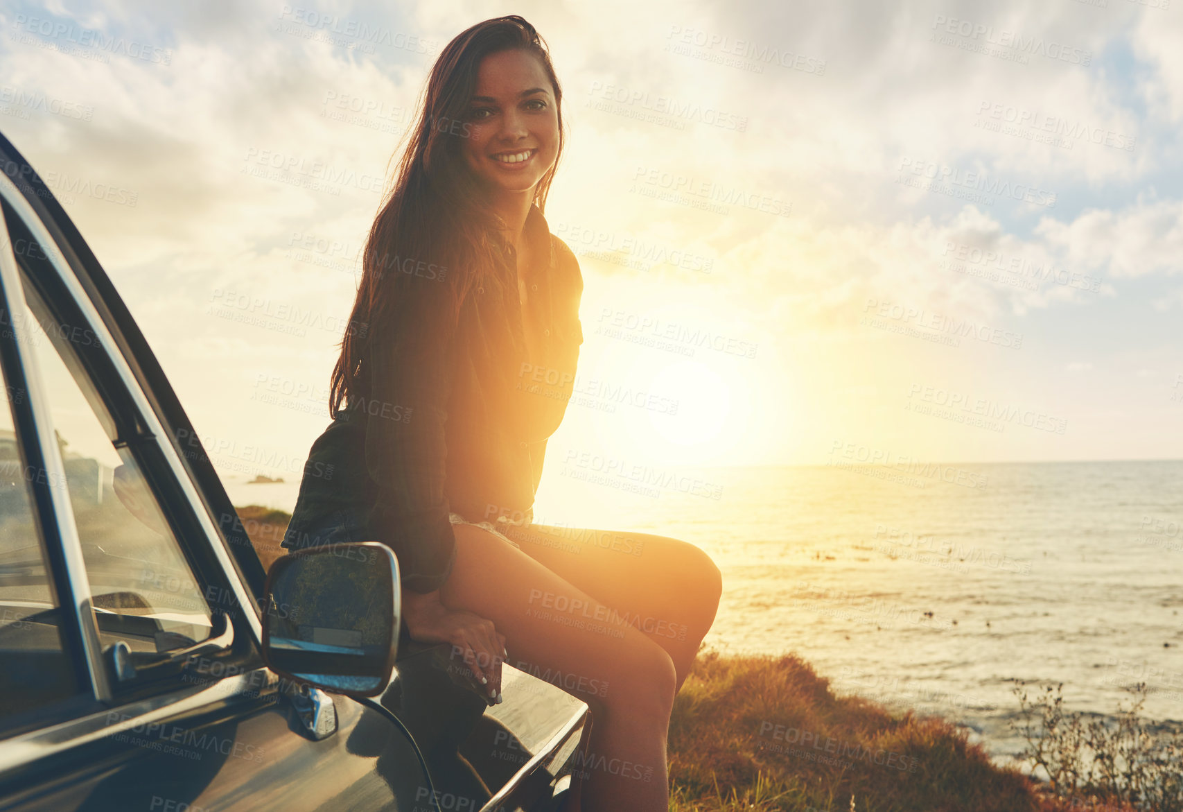 Buy stock photo Road trip, vintage sunset and woman in portrait by sea for travel, journey and happy summer vacation. Youth, gen z driver and girl by lake, ocean or river for outdoor adventure on a black retro car