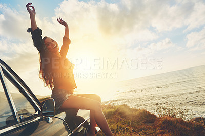 Buy stock photo Road trip, freedom and woman sunset on beach for travel, journey and summer holiday celebration. Celebrate, girl portrait on vintage, retro car for outdoor vacation, parking and nature drive by ocean