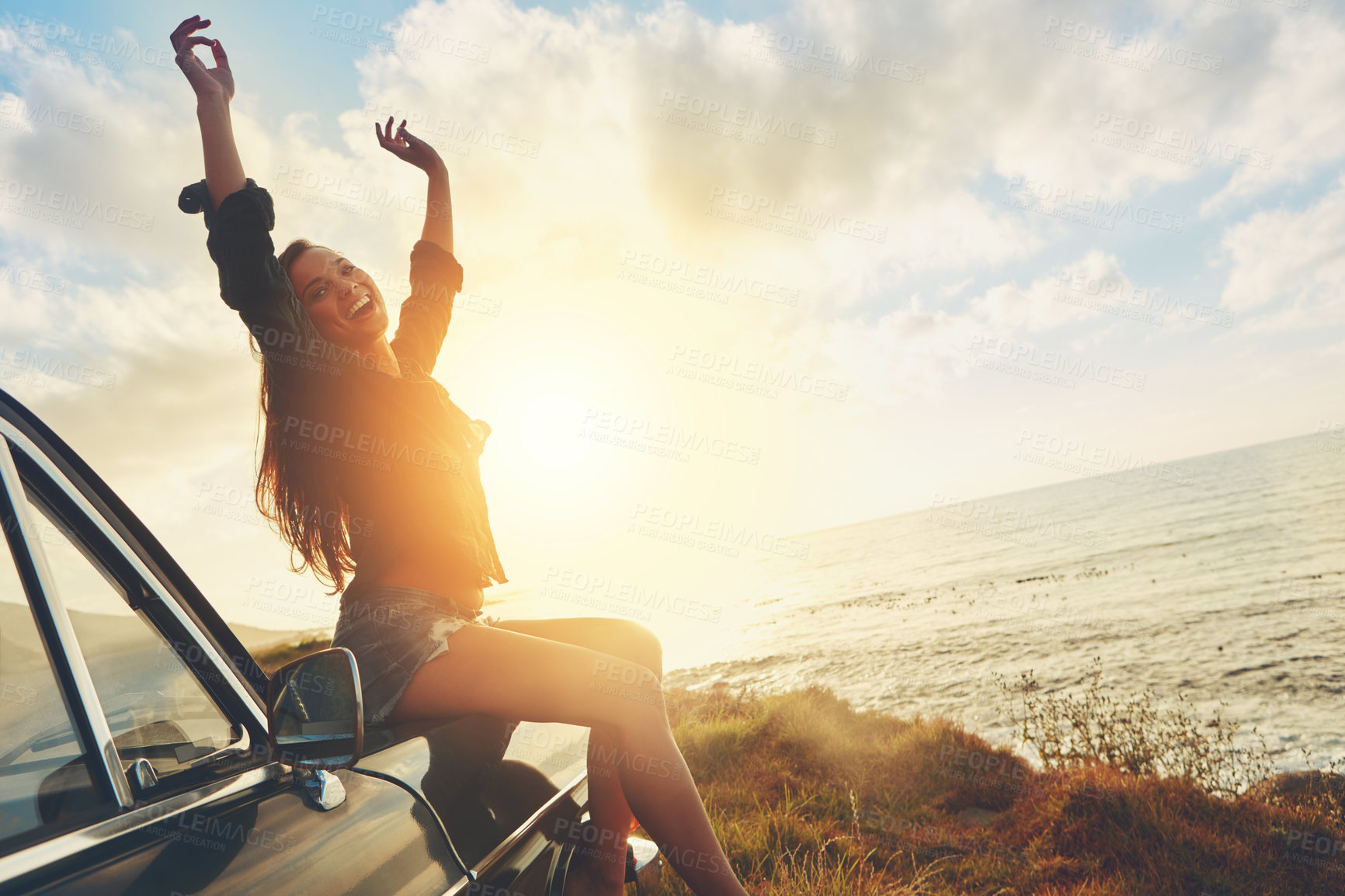 Buy stock photo Road trip, freedom and woman sunset on beach for travel, journey and summer holiday celebration. Celebrate, girl portrait on vintage, retro car for outdoor vacation, parking and nature drive by ocean