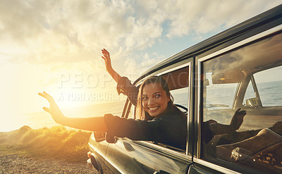 Buy stock photo Car, woman and road trip to the beach, vacation and summer break, travelling and happiness. Young female smile, girl and vehicle for seaside holiday, fun and freedom with sunset, journey or adventure