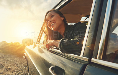 Buy stock photo Thinking, travel and road trip with a black woman in a car at sunset during summer vacation or holiday. Nature, window and drive with an attractive young female sitting in transport for adventure