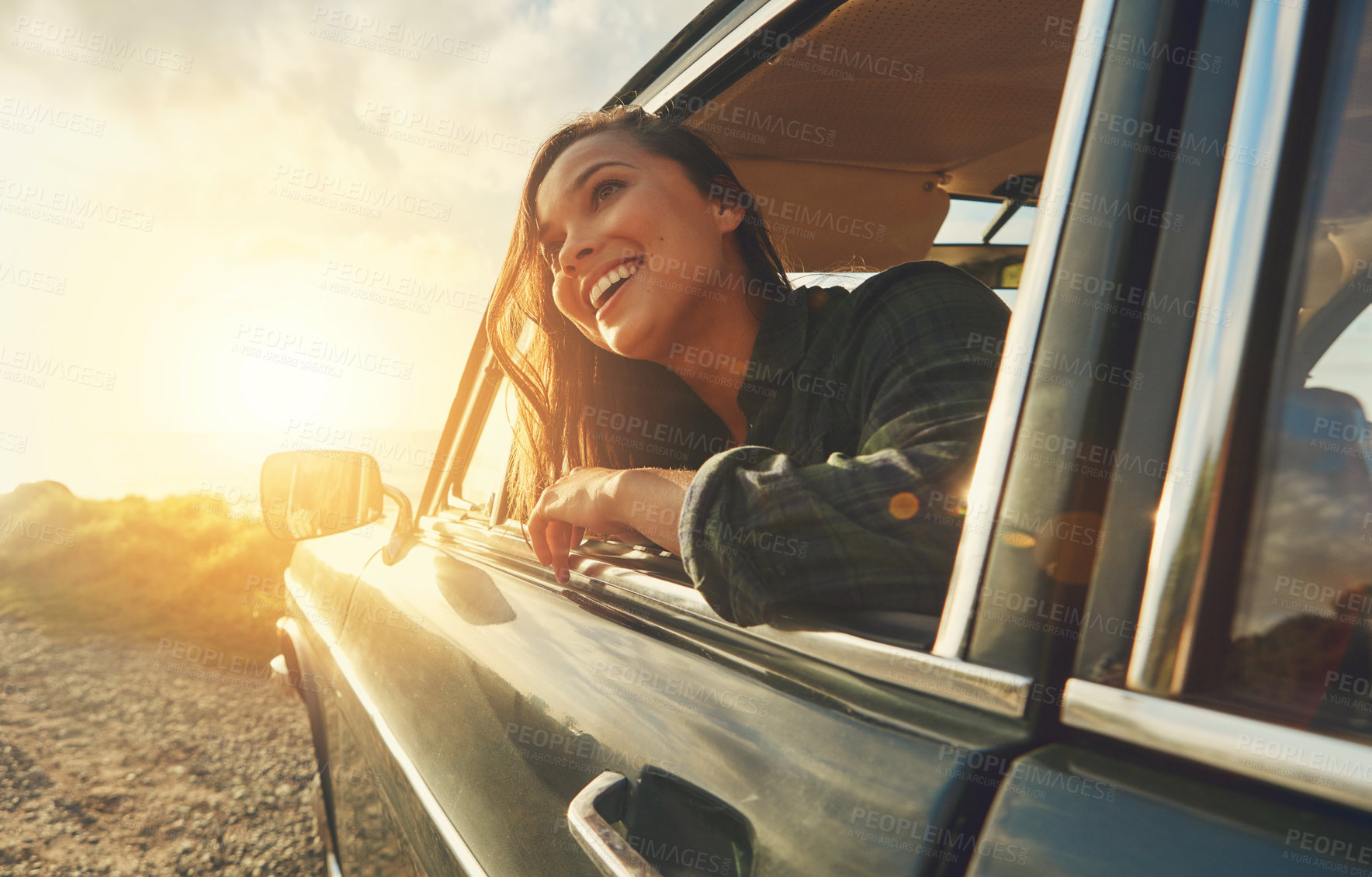 Buy stock photo Thinking, travel and road trip with a black woman in a car at sunset during summer vacation or holiday. Nature, window and drive with an attractive young female sitting in transport for adventure