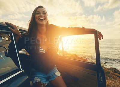Buy stock photo Happy, car and woman on a road trip at the beach for summer, freedom and travel in Spain. Smile, adventure and girl driving on holiday at the ocean for happiness, content and peace with transport