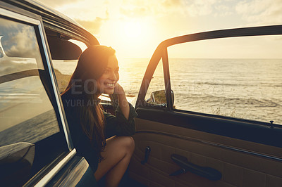 Buy stock photo Relax, thinking and woman on road trip at the beach for summer, freedom and car travel in Spain. Smile, adventure and girl driving on holiday at ocean for happiness, content and peace with transport