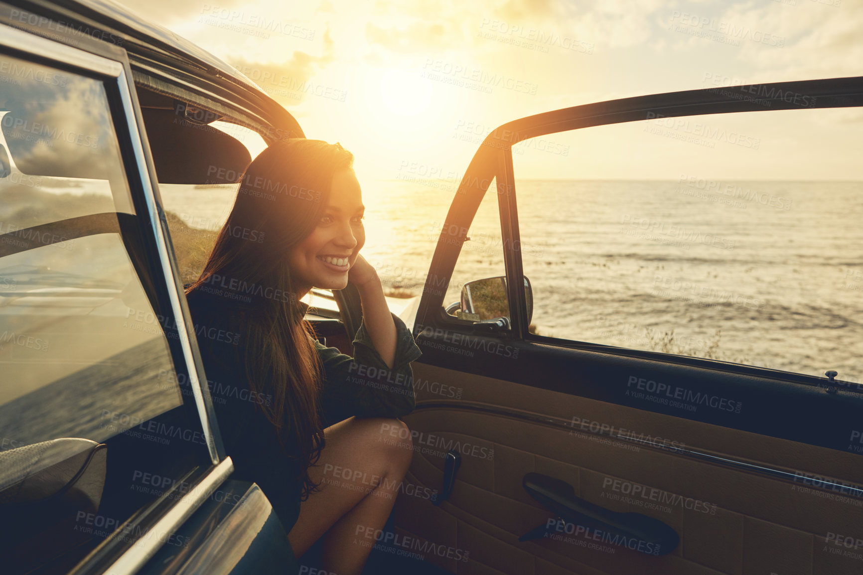 Buy stock photo Relax, thinking and woman on road trip at the beach for summer, freedom and car travel in Spain. Smile, adventure and girl driving on holiday at ocean for happiness, content and peace with transport