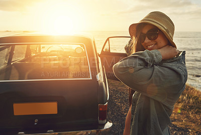 Buy stock photo Woman, road trip and smile for sunset travel, vacation or journey with a view of the ocean in outdoor nature. Happy female traveler smiling in happiness for summer with lens flare for a beach drive