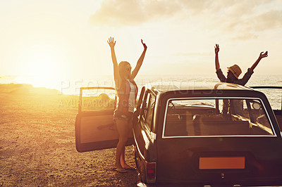 Buy stock photo Road trip, couple of friends and sunset beach for travel, journey and summer holiday celebration. Celebrate, arms in air and vintage, retro car for outdoor vacation, parking and nature drive by ocean