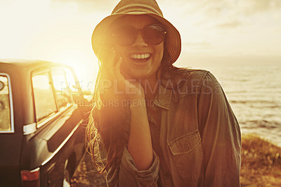 Buy stock photo Portrait, sunset and road trip with a black woman outdoor enjoying travel as a tourist by the sea or ocean in nature. Beach, car and summer with a female tourist taking a scenic drive on the coast