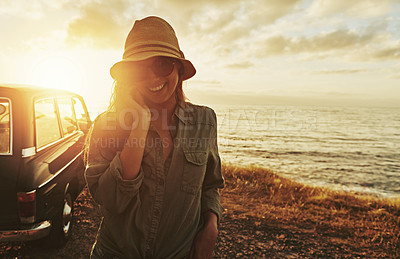 Buy stock photo Happy woman, portrait and road trip with beach sunset for travel, summer holiday or adventure in nature. Female person, tourist or vacation with sunglasses, car or vehicle for journey by ocean coast