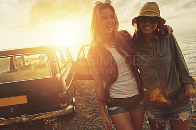 Buy stock photo Friends, travel and smile for sunset road trip adventure, journey or vacation by the ocean. Portrait of woman and best friend smiling for traveling, freedom or holiday with lens flare by the beach