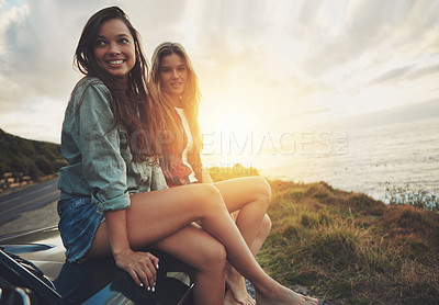 Buy stock photo Friends at sunset, women on car with travel to beach, road trip portrait and outdoor with nature and sea holiday. Adventure mockup, freedom and gen z youth on summer vacation, happy with lens flare