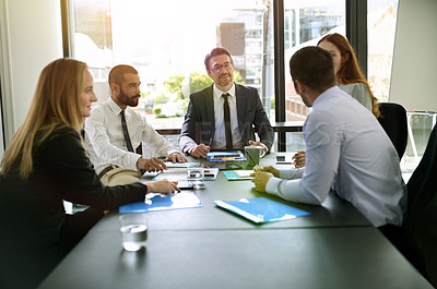 Buy stock photo Business people, group and meeting for discussion, brainstorming or planning in office. Team, manager and collaboration in conference room with financial executive for profit update or sales proposal