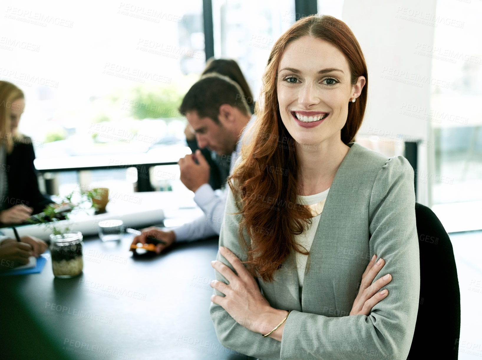 Buy stock photo Portrait, business people and woman with arms crossed in meeting, employee and confidence. Face, group and employees with pride, career ambition and legal aid with attorney firm, lawyer and happiness