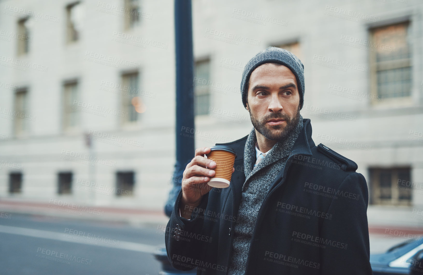 Buy stock photo Thinking, coffee and man in city for fashion, winter style and business travel on morning commute. Building, confident and tourist in urban town for international work, opportunity and career growth