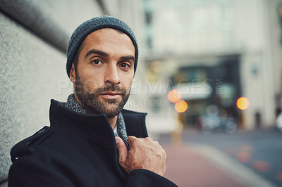 Buy stock photo Cropped shot of a man out in the city