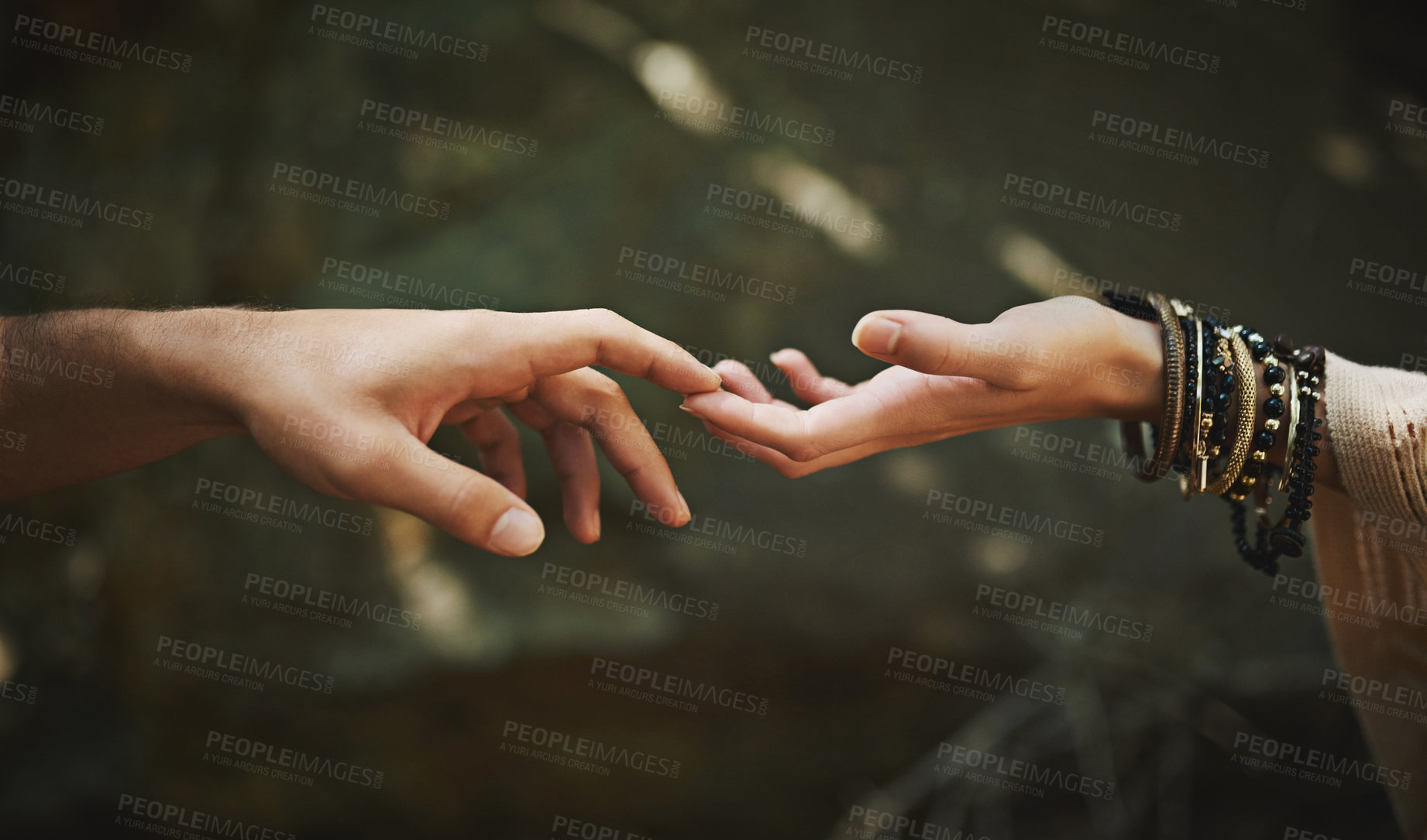 Buy stock photo Couple, nature and fingers touching for love, outdoor date and gesture for bonding connection. People, hands and feel affection in relationship, security and support together or romance in marriage