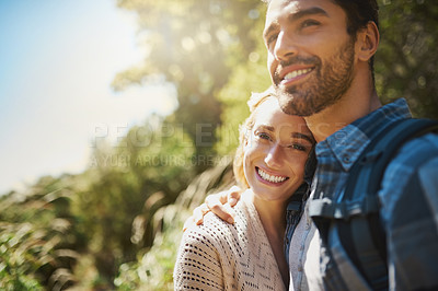 Buy stock photo Happy couple, portrait and romantic hug in nature, holding wife and trust in partnership on holiday. People, countryside marriage and commitment on vacation, communication and outdoor for embrace