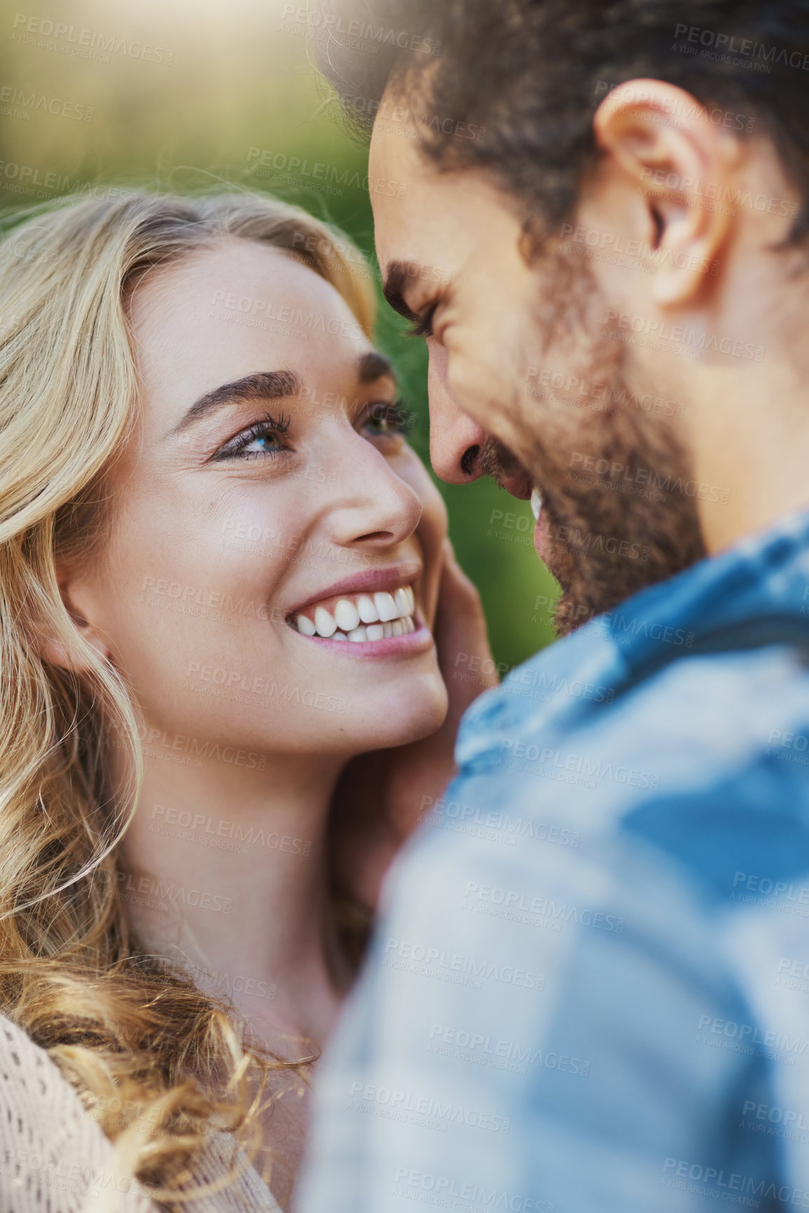 Buy stock photo Happy couple, date and romantic care in nature, holding wife and trust in partnership on holiday. People, countryside marriage and sweet commitment on vacation, communication and outdoor for peace