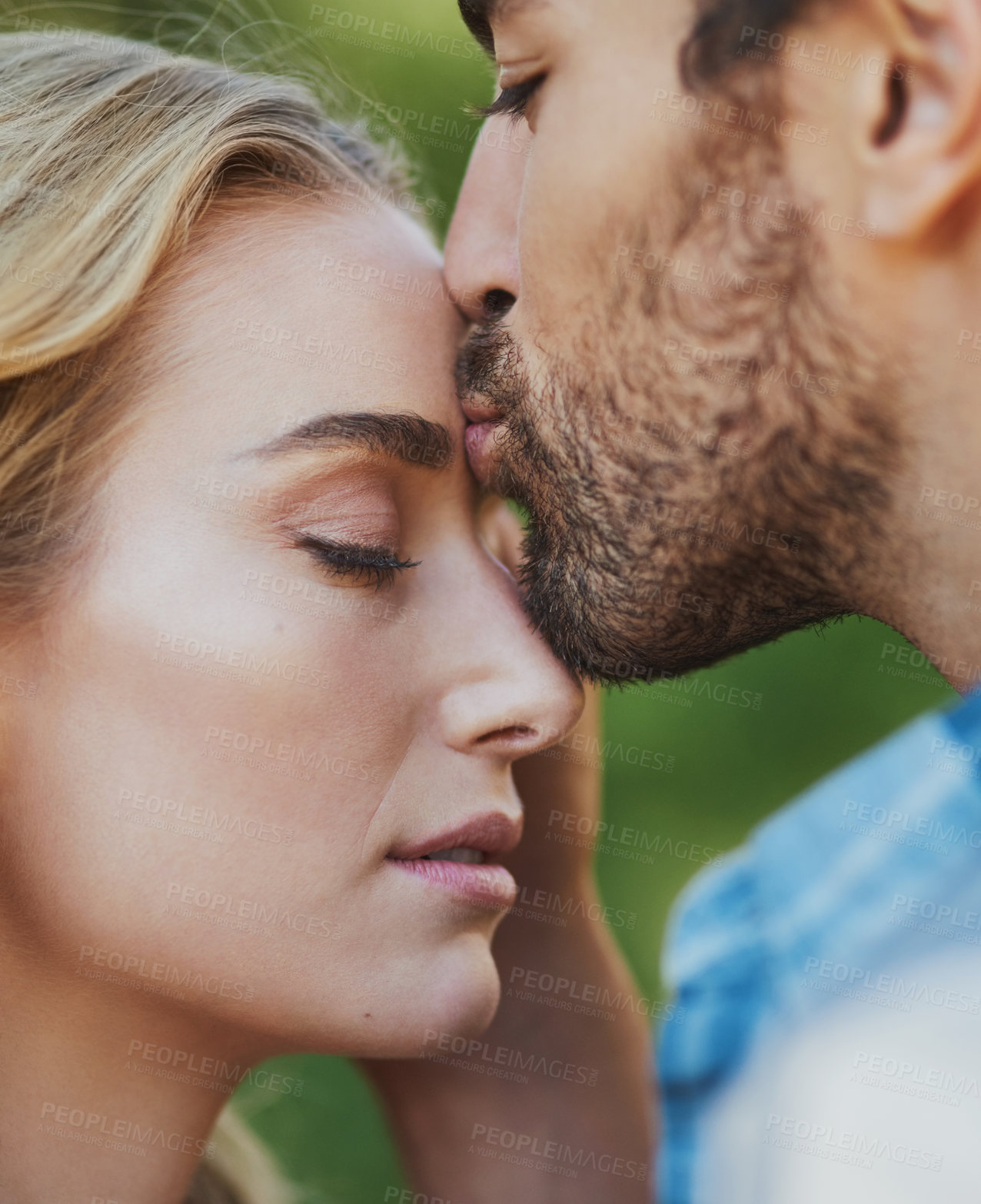 Buy stock photo Couple, love and romantic kiss in nature, support wife and trust in partnership on holiday. People, countryside marriage and commitment on vacation, communication and outdoor affection in closeup