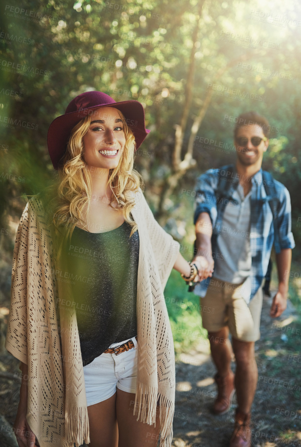 Buy stock photo Couple, holding hands and smile in woods on adventure with date to explore nature, bonding and love in Thailand. People, relationship and happy in forest on trip or journey for holiday and break