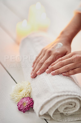Buy stock photo Cropped shot of a woman's hands on a towel at a spa