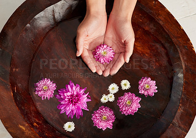 Buy stock photo Cropped shot of a woman's hands in a flower filled water bowl at a spa