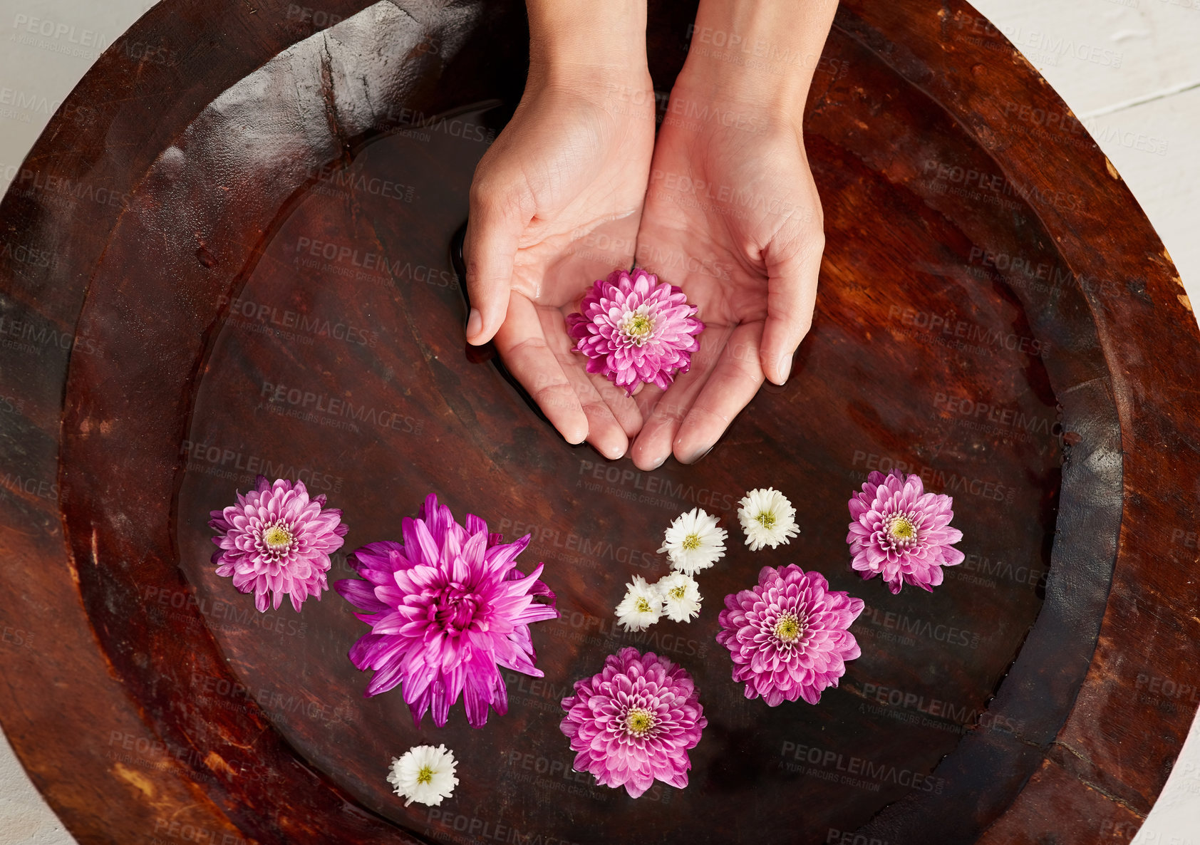 Buy stock photo Cropped shot of a woman's hands in a flower filled water bowl at a spa