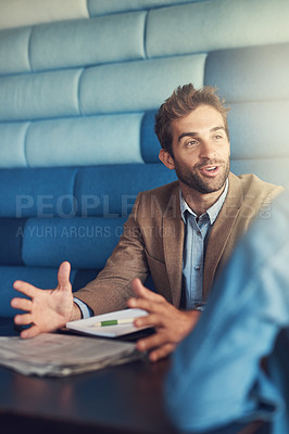 Buy stock photo Man, talking and cafe for business meeting with notebook for client consultation, hand gesture and discussion. Entrepreneur, speaking and table for startup proposal, explaining ideas and networking
