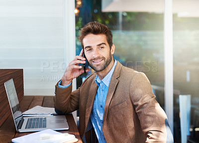 Buy stock photo Phone call, smile and businessman with laptop in coffee shop working on freelance budget plan. Technology, cellphone and financial advisor on mobile discussion with computer in cafe or restaurant.