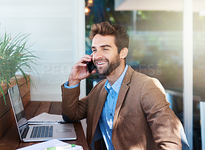 Buy stock photo Businessman, technology and talking on phone in coffee shop for online working, smile and networking. Laptop, male person and digital marketing in outdoor cafe for communication, call and contact
