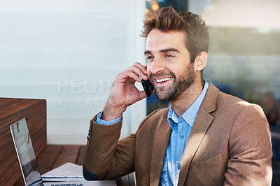 Buy stock photo Happy man, technology and phone call in coffee shop for talk, online working, and networking. Laptop, male person and digital chat in outdoor cafe office for happiness, business and freelance work.