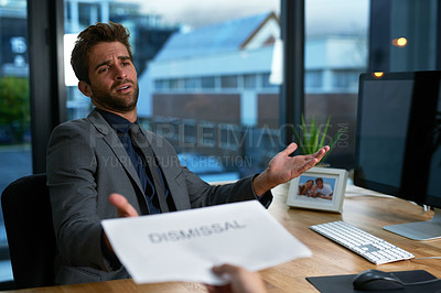 Buy stock photo Businessman, upset and stress with letter of dismissal in office for compliance, performance and review. Male employee, anger and unhappy with termination notice for failure of company policy