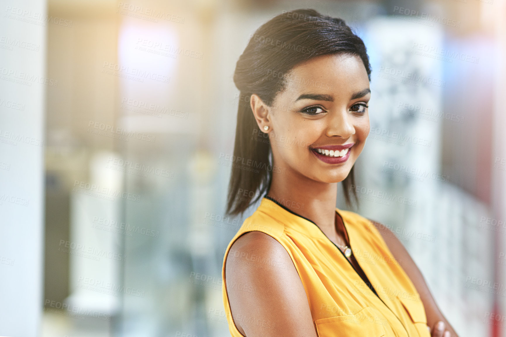Buy stock photo Professional, smile and creative with business woman in office for interior designer firm, pride and confidence. Real estate developer, lens flare and portrait with person in Columbia agency