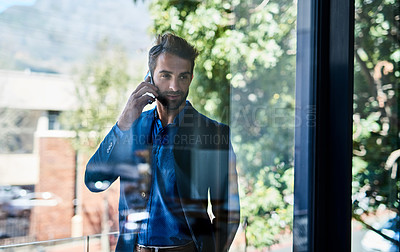 Buy stock photo Man, phone call and networking on balcony for deal, talking and b2b connection for business planning. Male person, hello and insurance agent for telemarketing sale, contact and speaking on mobile app