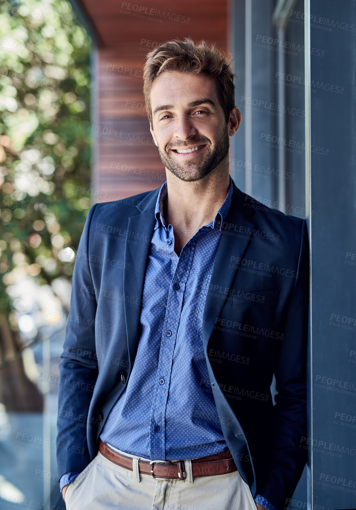 Buy stock photo Business man, portrait and confident on balcony at office, accountant and smile for company growth. Happy male person, professional and pride for career opportunity, outdoor and employee on terrace