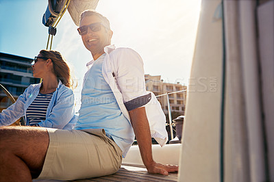 Buy stock photo Couple, happy and yacht for holiday, summer sunshine and romance with man, woman and happiness outdoor. Happy couple, love and cruise ship for vacation, relax and luxury ocean adventure in Cape Town