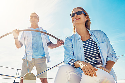 Buy stock photo Sea, happy and couple on boat for anniversary, vacation or holiday with love or adventure in Greece. Smile, thinking and people on yacht in ocean to relax for tropical honeymoon travel, view or trip