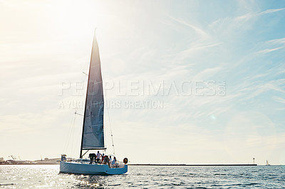 Buy stock photo Sea, yacht and sailing on the ocean on vacation by summer sunshine on water. Lens flare, holiday adventure and boat cruise travel of people in the sun and blue sky in nature to relax with mockup