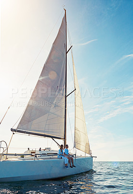 Buy stock photo Ocean, travel and boat in the outdoor with couple for adventure on luxury sea journey. Together, water and transport on yacht with rich lifestyle on a cruise in summer for a holiday with waves.