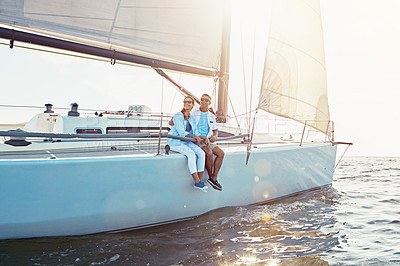 Buy stock photo Happy couple, boat and cruise on ocean in summer sunshine, love and romance on outdoor adventure. Couple, yacht and sea with waves, bonding and peace with luxury, lifestyle and travel for vacation
