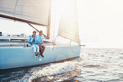 Buy stock photo Happy couple, cruise ship and ocean in summer sunshine, love and romance on outdoor adventure. Couple, yacht and cruise sea with waves, bonding or peace with luxury, lifestyle and travel for vacation