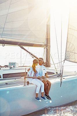Buy stock photo Relax, travel and luxury with couple on yacht for summer, love and sunset on Rome vacation trip. Adventure, journey and vip with man and woman sailing on boat for ocean, tropical and honeymoon at sea